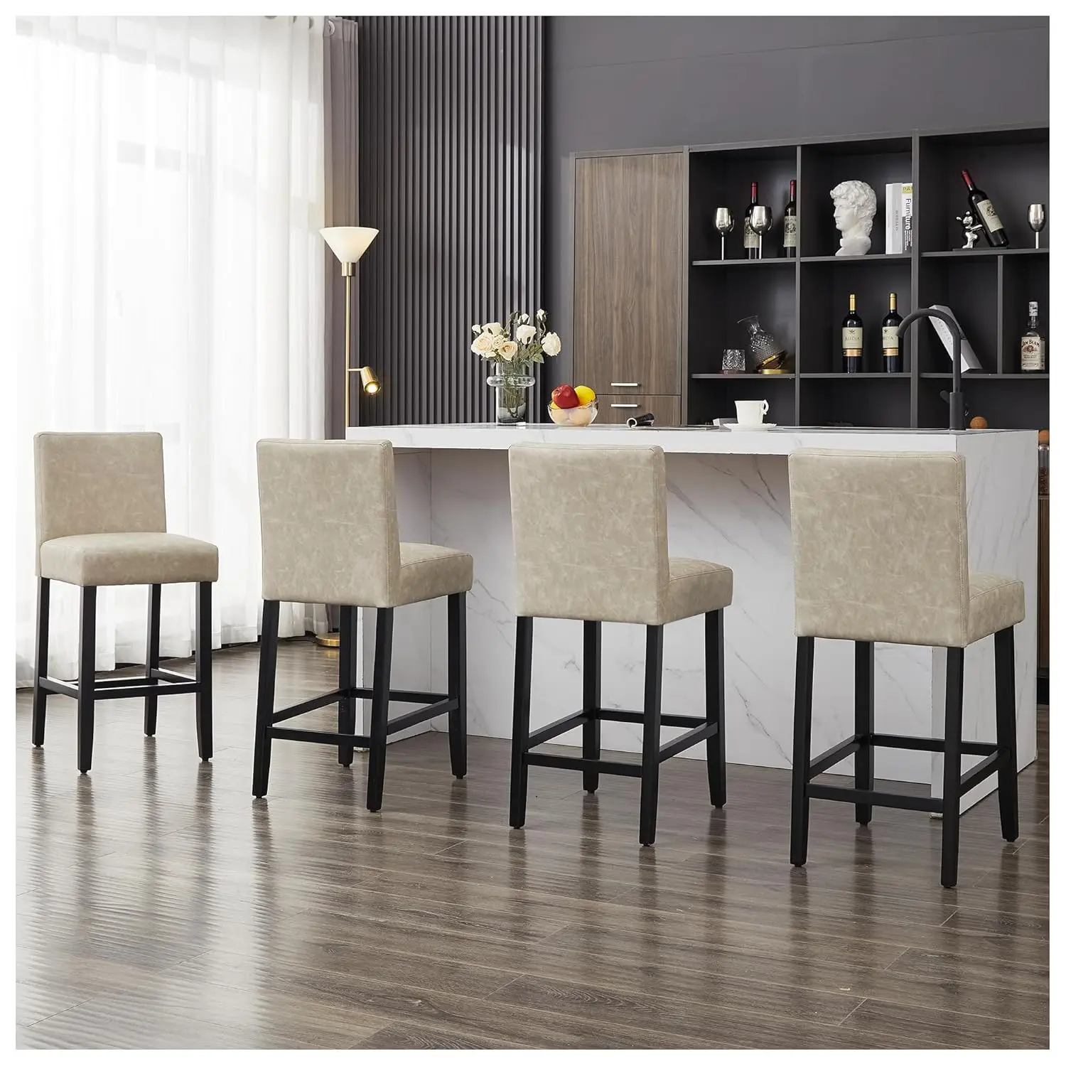 

26in Faux Leather Bar Stool Set Of 4 Upholstered Solid Wood Legs With Back Beige, Customized