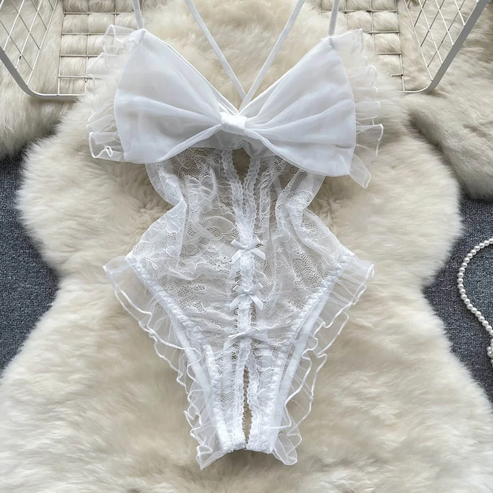 Underwear Sexy Camis Bodysuits Women Bow Hollow Out Fashion Open crotch Slim Playsuit Summer Singeric Lace Rompers Lingerie hot