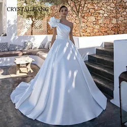 Luxury Long White One Shoulder Beaded Satin Wedding Dresses Sleeveless A Line Sweep Train Vestido De Noiva