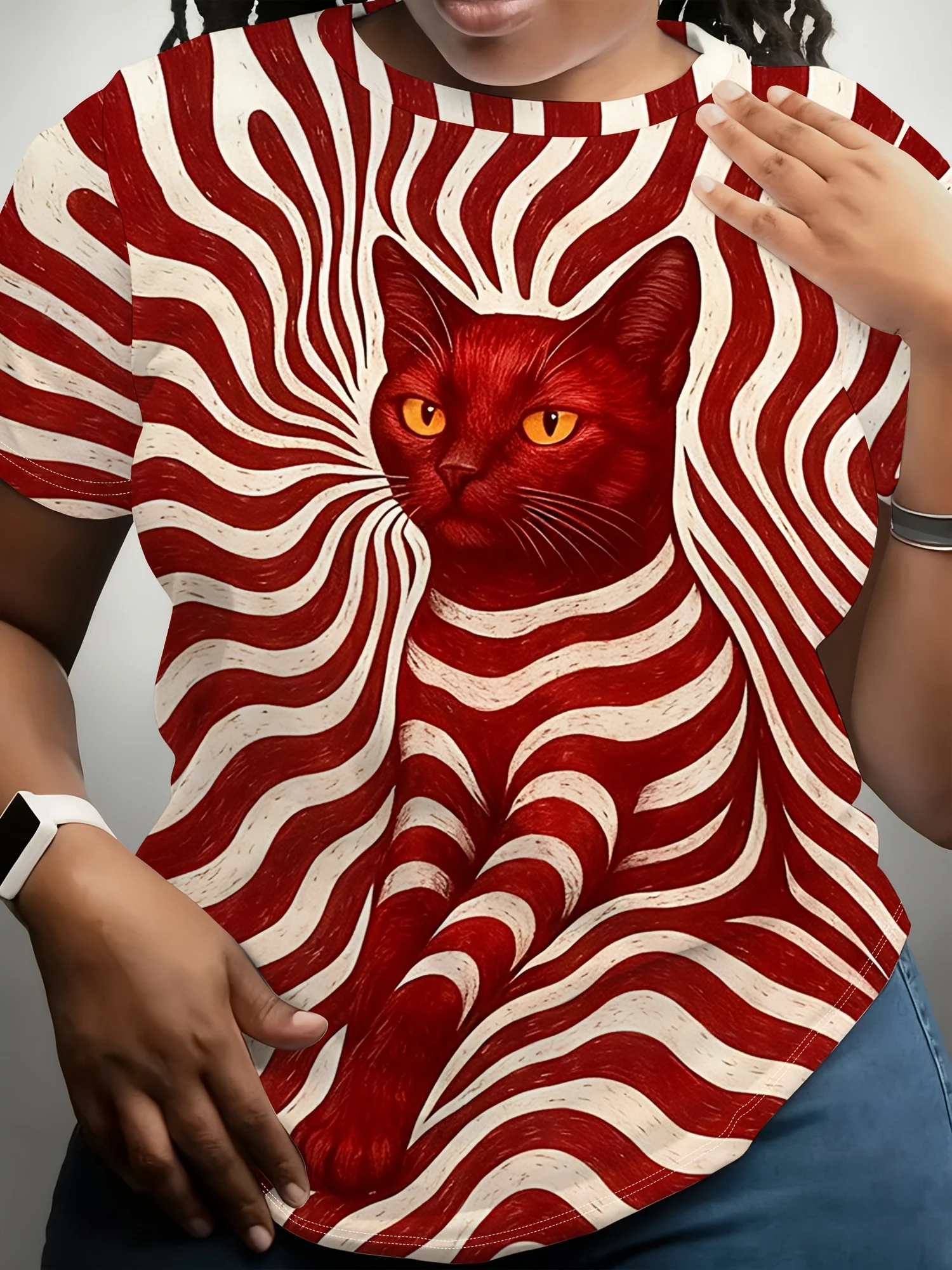 Women's T‑shirt Psychedelic Swirl Stripe Red Cat Art Graphic Short Sleeve O‑neck Summer Trendy Streetwear Women Tops
