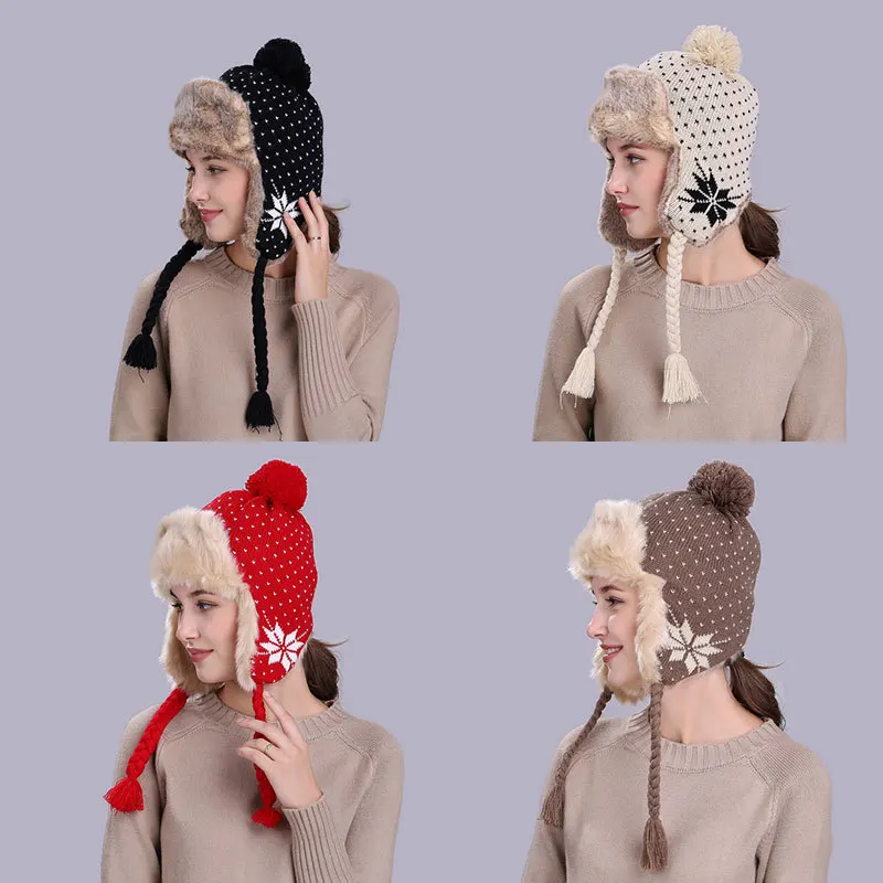 New Autumn and Winter Snowflake Ear Protection Hat, Plush Lei Feng Hat, Outdoor Autumn and Winter Knitted Wool Hat