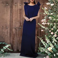 Vestido de noche Formal Simple azul marino para madre de la novia, con cuello redondo, Espalda descubierta, con lazo de sirena, para invitados de fiesta de boda