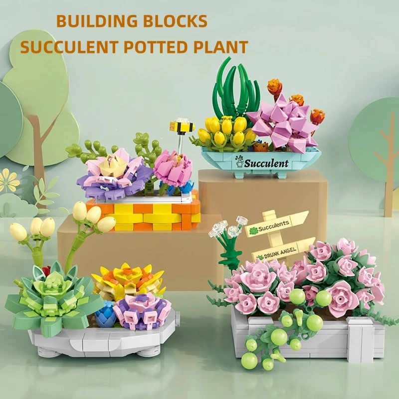 

MOC Daffodil Rose Flowers Succulents Bonsai Building Blocks Set Cactus Potted Plant DIY Toys For Children Birthday Holiday Gifts