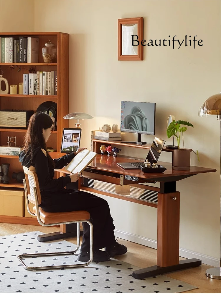 Retro solid wood electric lifting table boxwood medieval desk computer learning table can be lifted and lowered