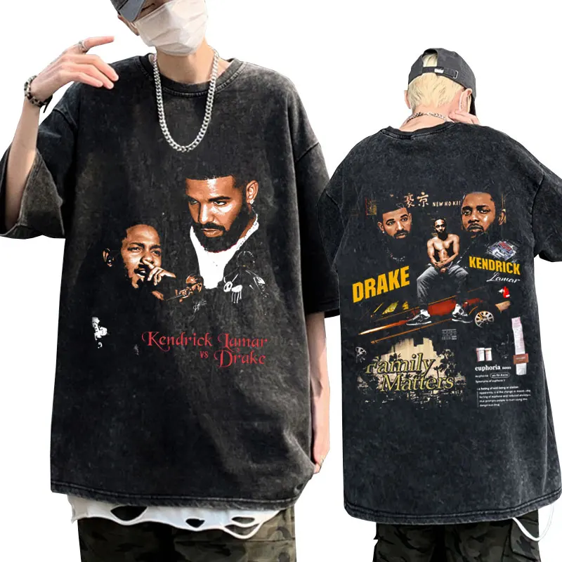 Drake Vs. Kendrick Lamar 2 Rap Beef Drake Vs.K. DOT Graphic T Shirts Men Hip Hop Oversized Vintage Wash Short Sleeves T-shirt