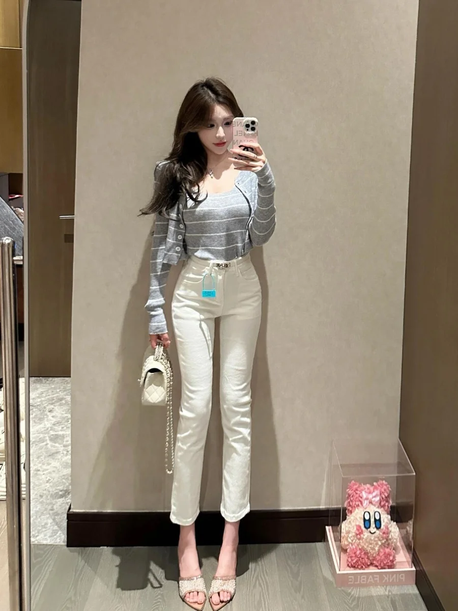 

High Waist Nine Points Pure Color Slim Fit Women's Jeans Casual Sle Cotton Elastic Denim Pants Versatile Basic Model