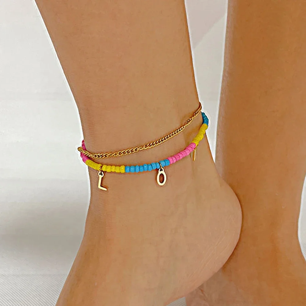 

JHSL Trendy Women Layered Beaded Anklets with Letter Charm Gold Color Stainless Steel Fashion Jewelry Foot Ankle Bracelets