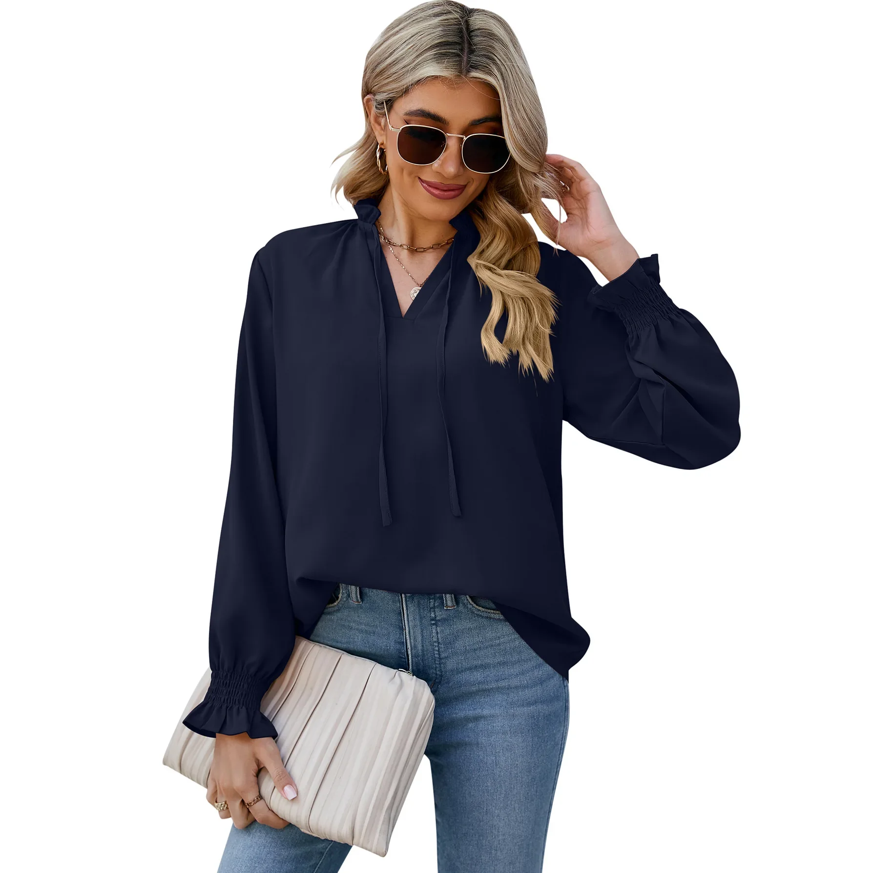 Autumn New Fashion Elegant V-Neck Lace Up Pleated Women\'s Solid Chiffon Shirt Versatile Loose Comfortable Soft Shirt