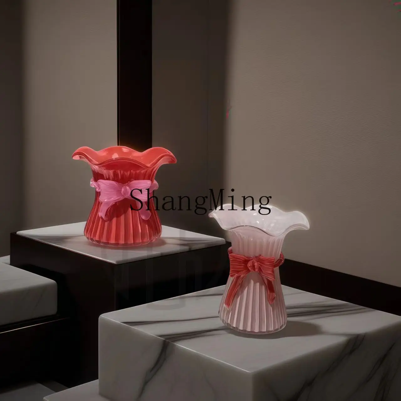 

PYH retro pink bow glazed glass vase flower arranger living room dining table hydroponic flowers