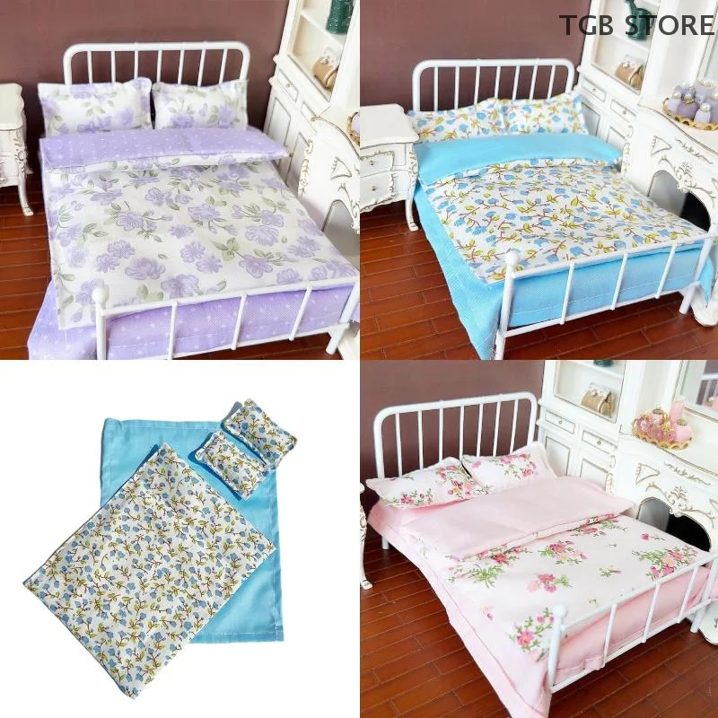 1/12 Miniature Four Piece Bed Set Dollhouse Bed Bed Sheet Quilt Pillow Quilt Cover Bedding Set Doll Bedroom Decoration Toy
