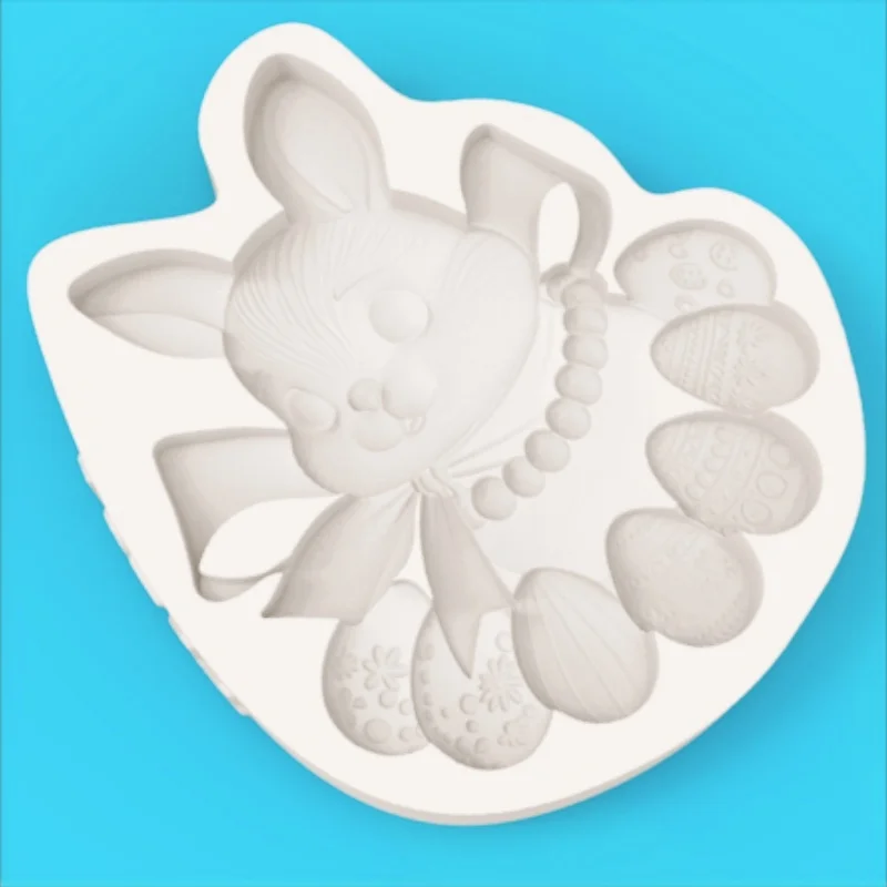 Silicone Mold for Cute Rabbit with Ribbon Bow, Featuring Bow and Beaded Necklace Easter Egg Designs, Exquisite Easter-Themed Chocolate Fondant Dessert Decoration Making Mold view 3