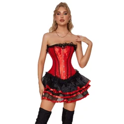 Red Corset Dress Set Lace Up Overbust Corselet Ruffles Skirt Plus Size S-6XL Outwear Korset Dresses