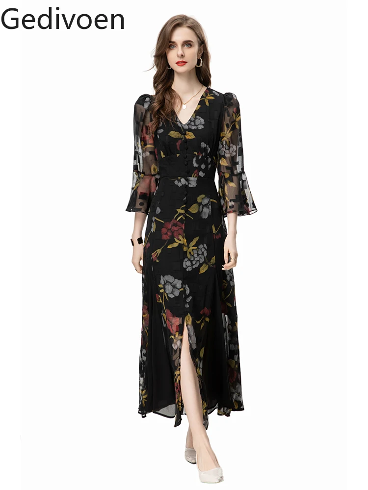 

Gedivoen Summer Fashion Runway New Designer Flare Sleeve Printing Floral Single Breasted Office Lady Style Slim A-LINE Dress