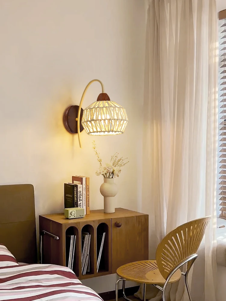 

Rattan Wall Lamp Nordic and Japanese Style Retro Walnut Lamp Simple Atmosphere Corridor Aisle Bedroom Bedside LED Lamp