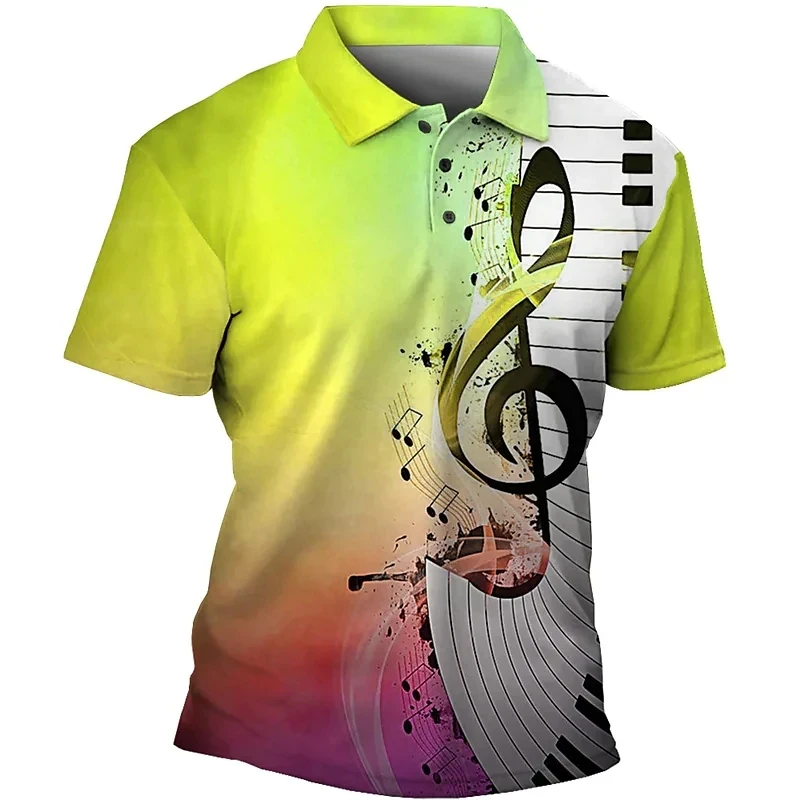 Music Note Pattern 3D Print Summer Men\'s Button Down Collar Polo Shirts Casual Short Sleeve Oversized Tops Fashion Men Clothing