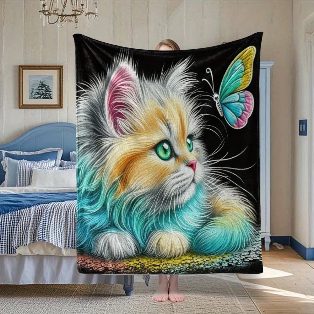 1pc Cat Main Image Soft and Comfortable Printed Flannel Blanket - Throw Blanket, Nap Blanket, Modern Style, Suitable for All Sea