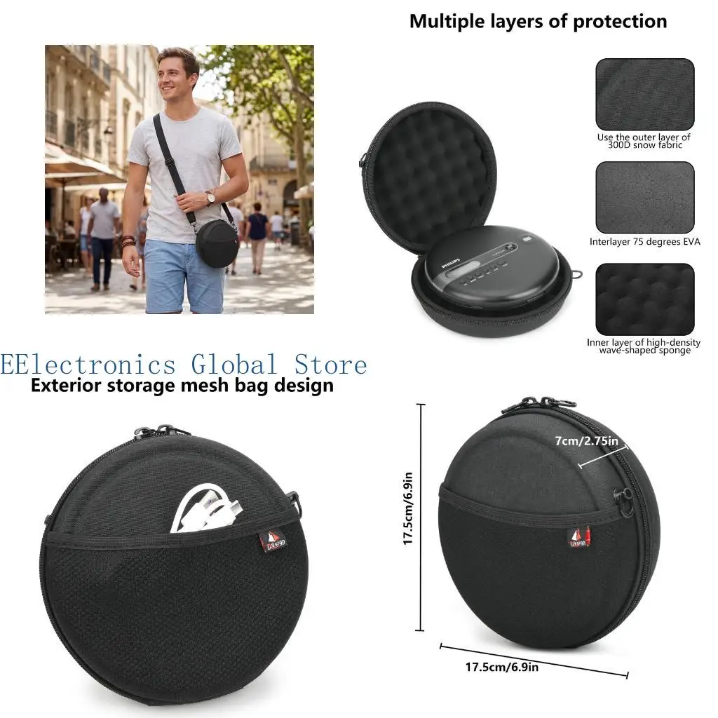 462B Stylish Disc Player Protective Cover Box With Waved Sponge Interior And Outer Storage Net For Necessities Black
