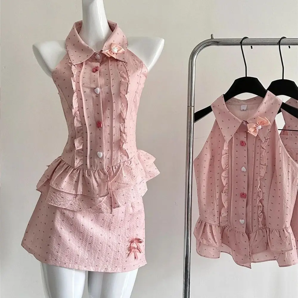 

Sweet summer waist cinching slimming sleeveless top skirt sexy two piece set women festival clothing corset set 2 piece skirt