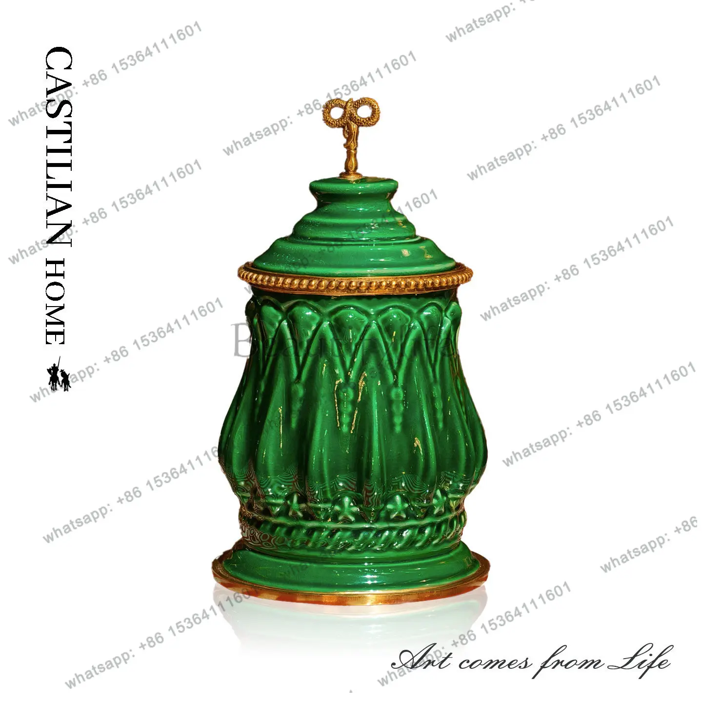 Vintage luxury emerald ceramic storage tank porch tea room decorative tank ornament C5996