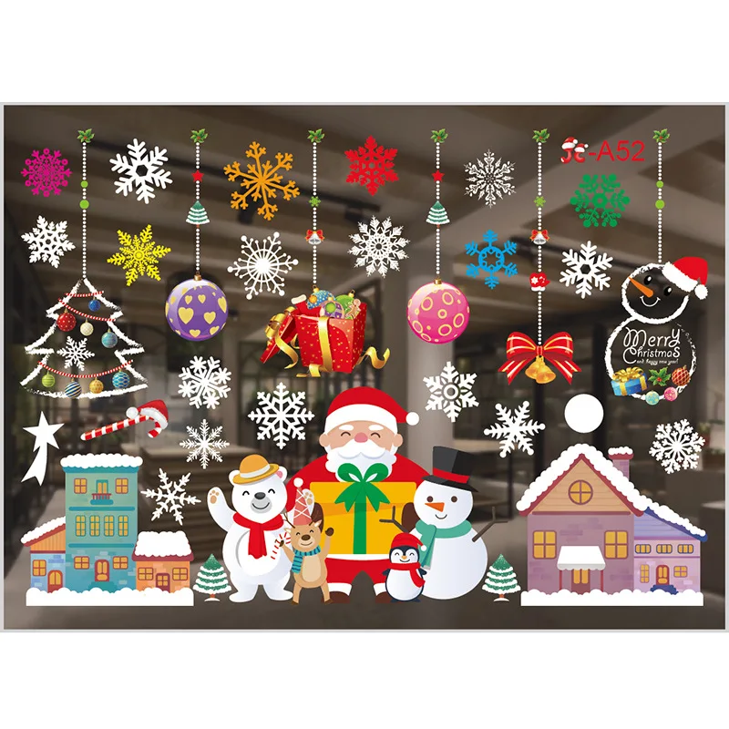 Christmas Window Paste Color Christmas Tree Santa Claus Gift Pattern Sticker White Snowflake Wall Sticker New Year Decoration