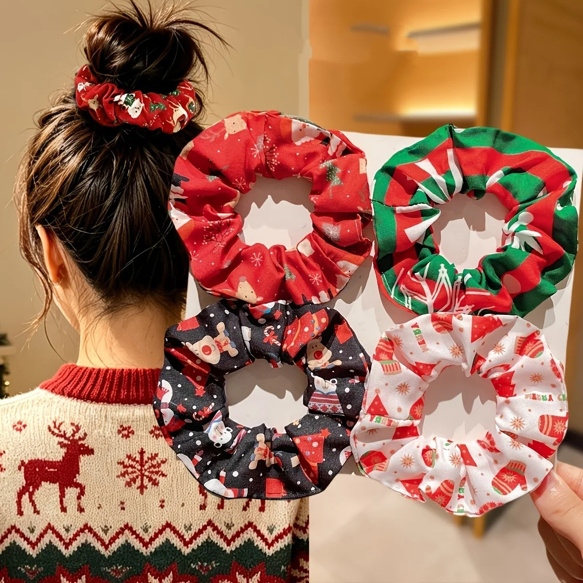 8/4 Pieces of Randomly Assorted Styles. Christmas Fashion Simple Hair Ties for Women and Girls. Colorful, Highly Elastic, Non-Damaging to Hair, with Christmas Element Prints. Sweet Fabric Hair Ties for Girls, Suitable