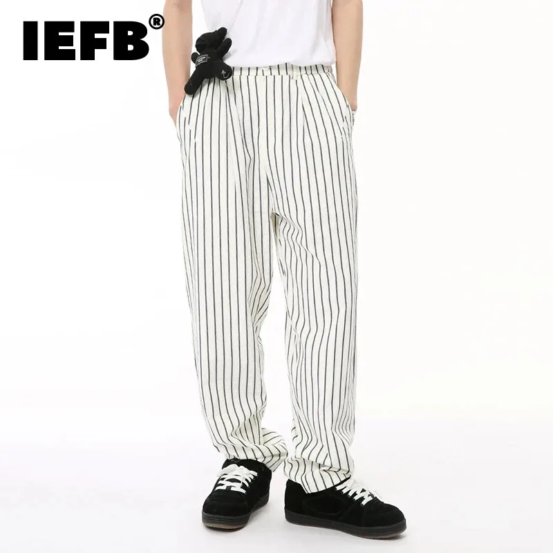 

IEFB New Summer Male Pants Vertical Stripe Contrast Color Casual Menwear Wide Leg Loose Straight Button 2024 Korean Style 9C6569