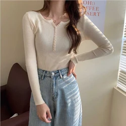 Women Autumn Simplicity Office Lady Slim Solid Color V-neck Long Sleeve Knitwear Tops Ladies All-match Knitting Bottoming Shirt