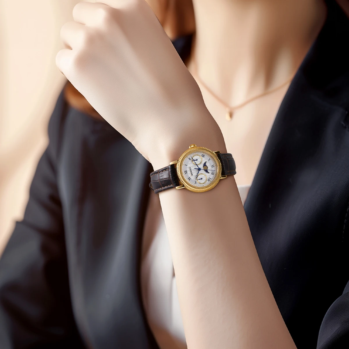 BERNY Watches for Women Week Calendar Sapphire Luxury Dress Ladies Gold Quartz Watch Elegant Vintage Moon Phase Wristwatch Gifts