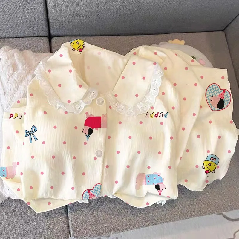 Dot Dog Sweet Fashion Cute Pajamas Set for Women Lace Lapel Neck Elastic Waist Design Pajamas Long Sleeve New Casual Nightwear