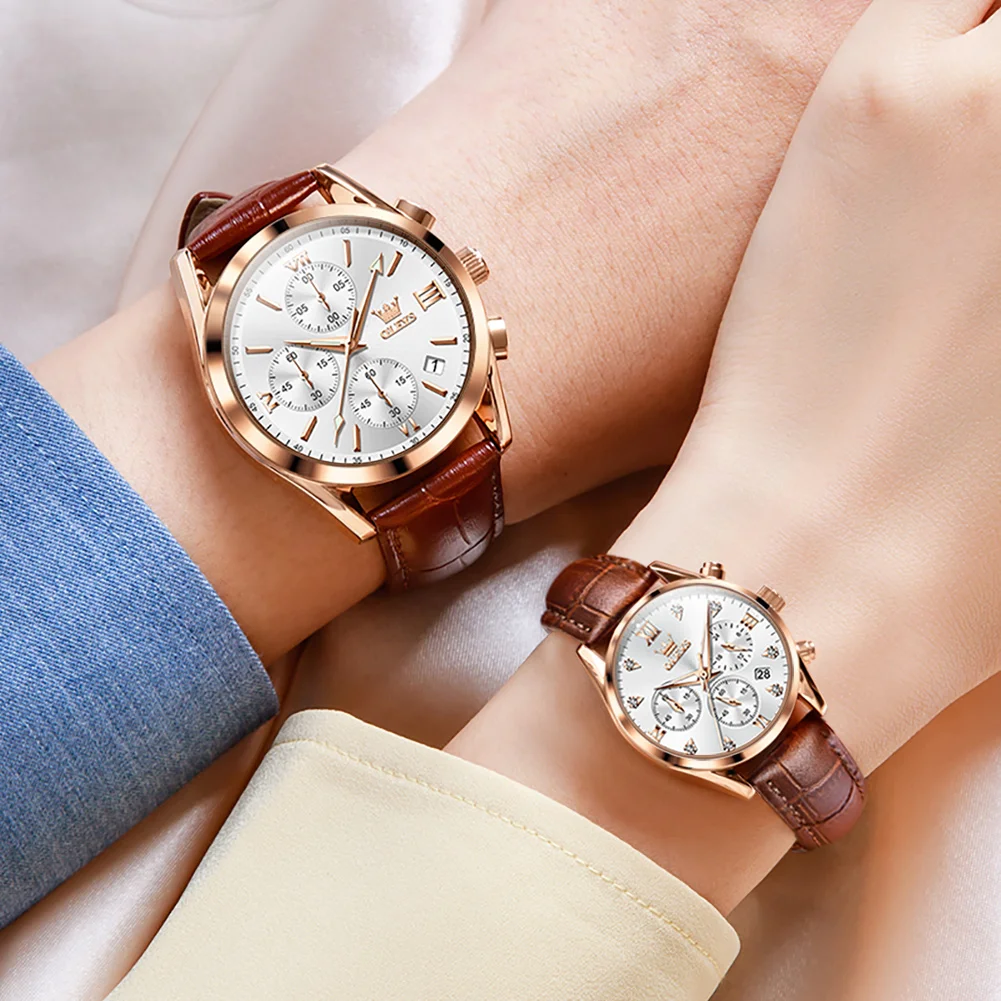 OLEVS-Montre de couple pour hommes et femmes, montre-bracelet à quartz étanche, bracelet en cuir, design chronographe, cadeaux pour amoureux