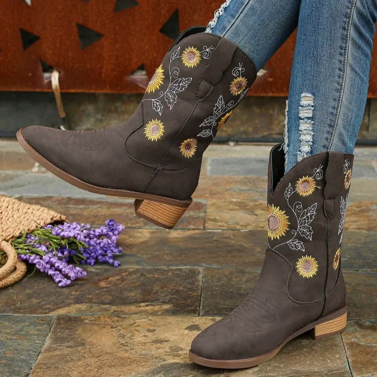 New Women Coffee Brown Embroidery Boots PU Leather Printed Western Cowboy Boots Deep V-mouth High Tube Casual Boots Classic