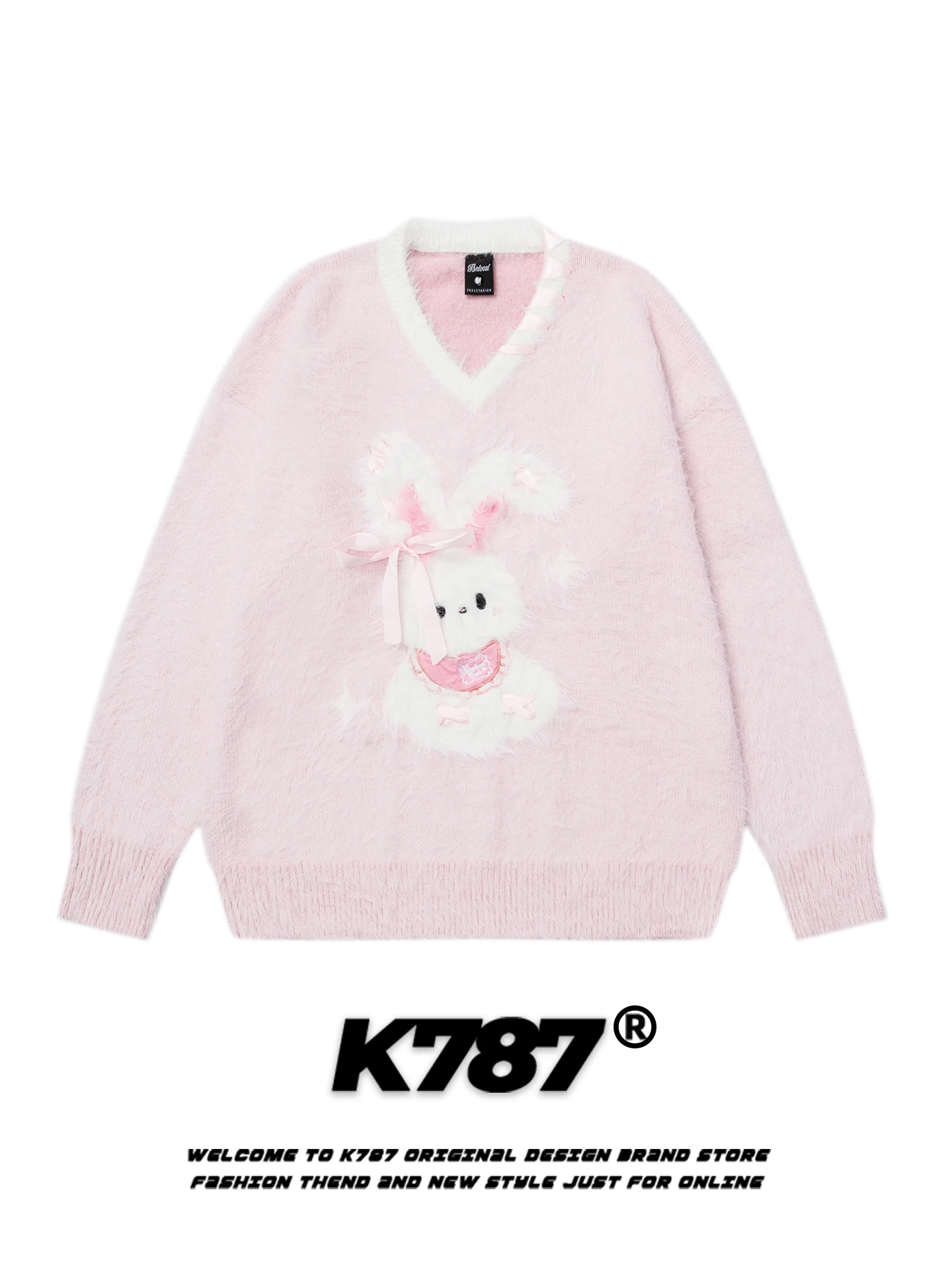 

Свитер K787 Sweet Rabbit с V-образным вырезом, женский, свободный крой, повседневный стиль, осень-зима, вязаный топ, мягкий, средней плотности, нейлон, короткий рукав