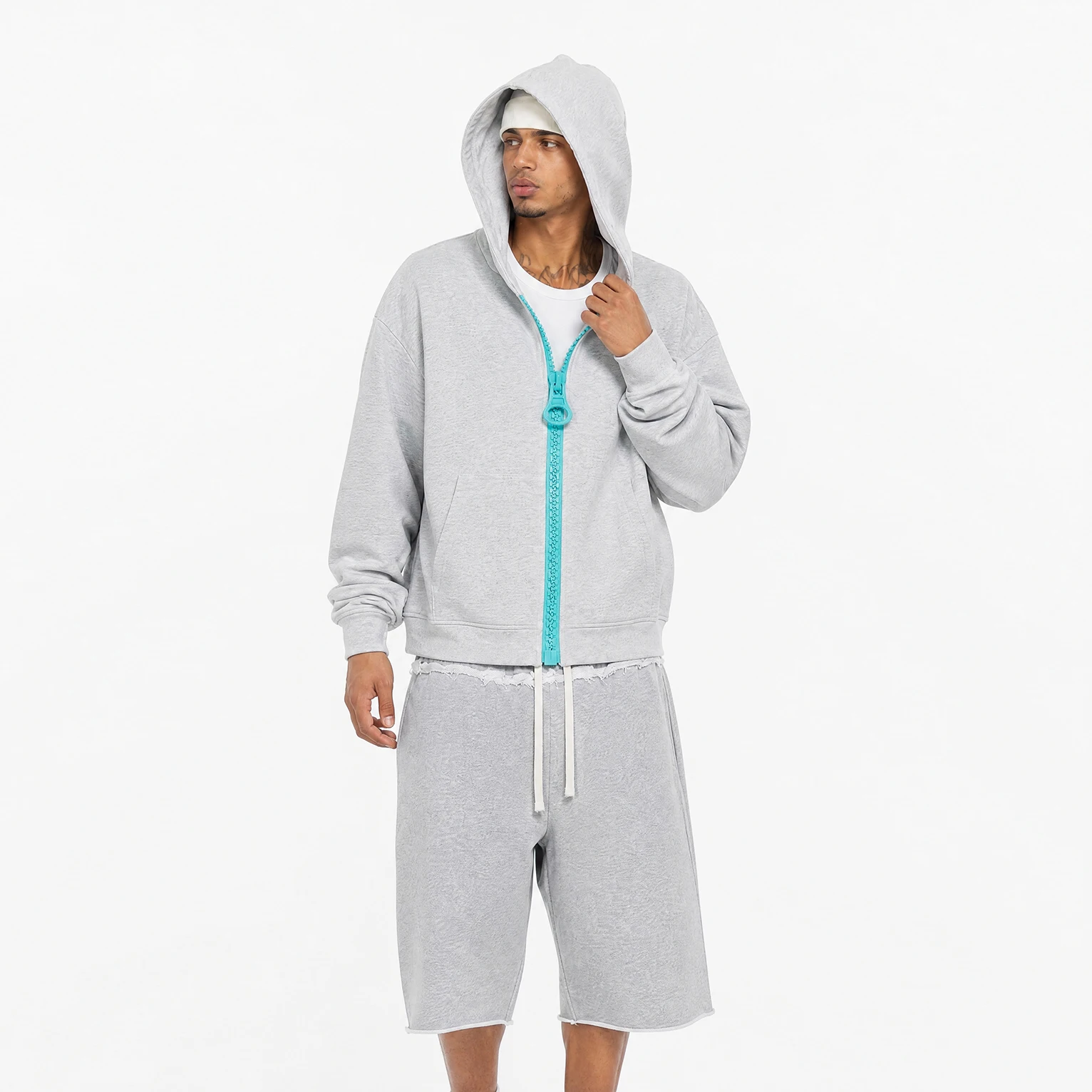 Colorblock Large Zipper Hoodie for Men American Streetwear Looped Pullover Winter Coat Cotton Oversized Hooded Sweatshirt