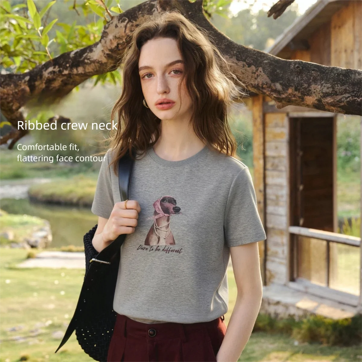 OLrain Gray Office Lady Print Top 2026 Summer New Minimalist Commuter Ribbed Round Neck Loose Short Sleeve T-shirt O58XT006106