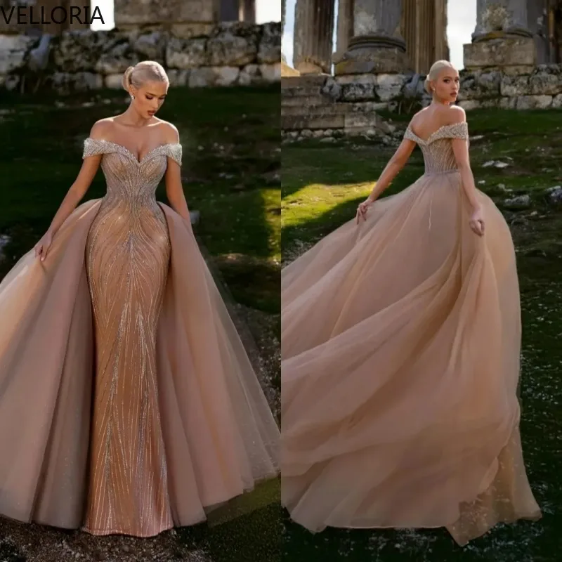 

Gorgeous Off The Shoulder Prom Dresses Elegant Sequined Lace Evening Dress Floor Length Detachable Train Party Gown Customized