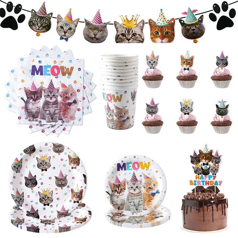 Meow Theme Party Tableware Set Disposable Tableware Set Pet Cat Birthday Party Decorations Cat Pattern Paper Plate Napkins