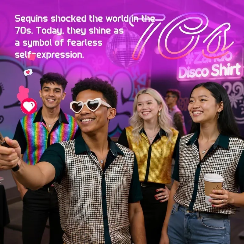 

Men's Sequin 70s 80s Disco Shirt - Retro Short Sleeve Button Up Costume Halloween New Year Party Outfit Top & Clubwear Disguise