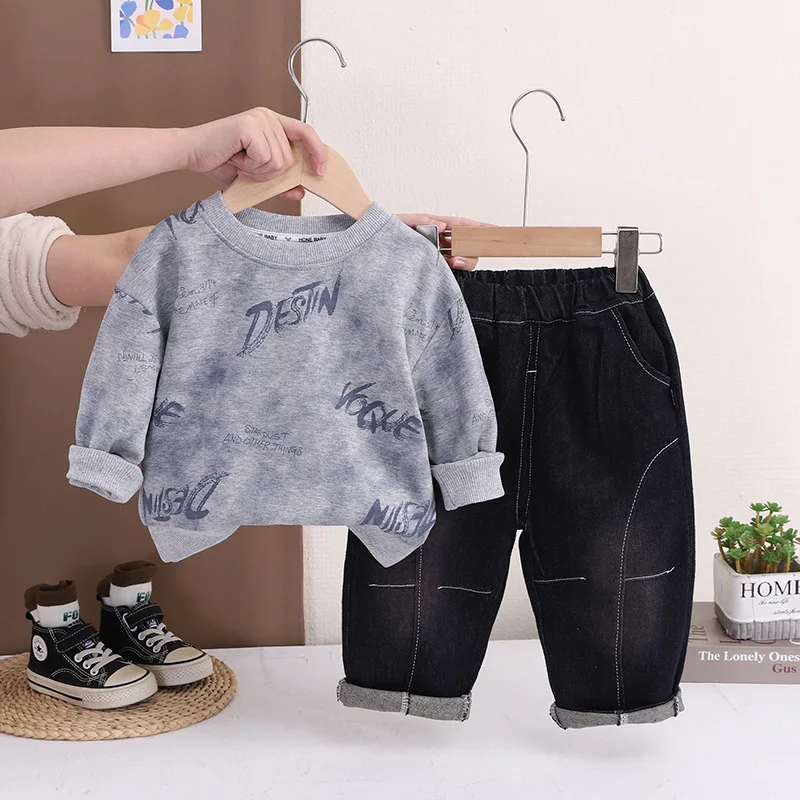 Toddler Kids Boys 2 Piece Outfits Tie Dye Print Long Sleeve Sweatshirt and Denim Jeans Set Streetwear Kids Casual Clothes 0-5Y