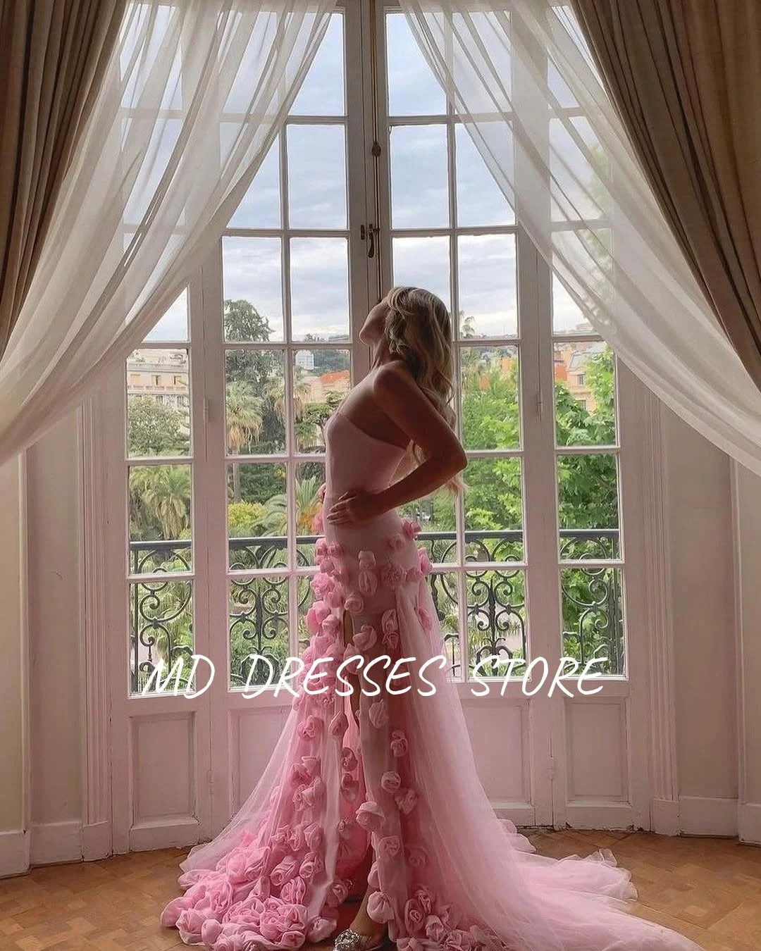 MD Modern Pink Abito da sera Spacco alto laterale Sweetheart A-line con fiori fatti a mano Prom Down abiti da festa Personalizzato 2025