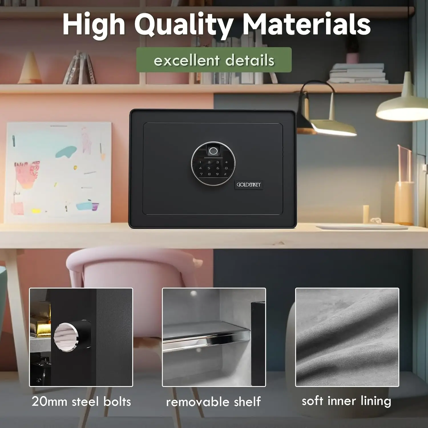 Luxury Home Safe with Fingerprint&Keypad Lock for Documents, Safe Box with Soft Velvet Lining, Removable Shelf, High Security fo