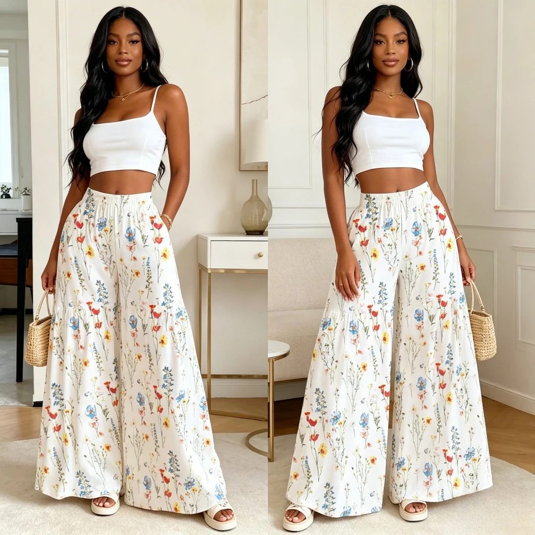 Pant Women Vintage Wide Leg Long Pants High Waist Straight Trousers Y2k Streetwear Elegant Splice Work Casual Loose Print Floral