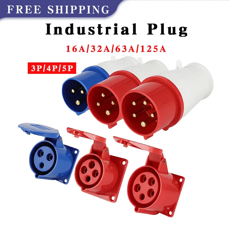 

5/10 PCS Industrial Plug Connector 220V/380V/415V,16A/32A/63A/125A,IP44/IP67 Waterproof Wall Mounted Plug Panel Mounted Plug