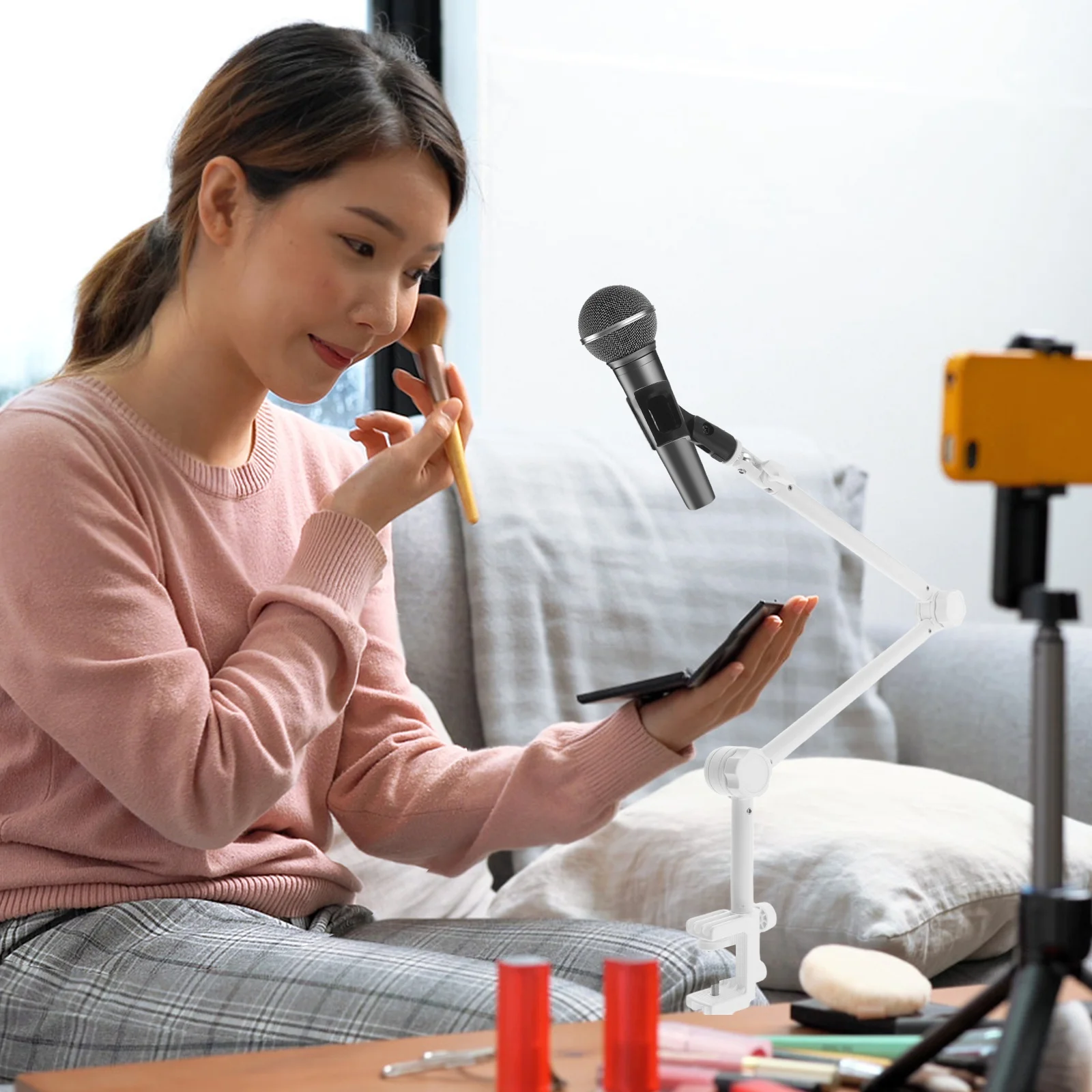 

1Set Desktop Microphone Stand Adjustable White Boom Arm Holder for Home Studio Streaming Clip and Space Saving