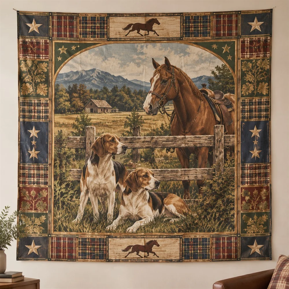 VIKAMA Hound and Horse Framed Panel Tapestry Wall Hanging, American Wall Decor Tapestries for Nursery Kids Room Bedroom