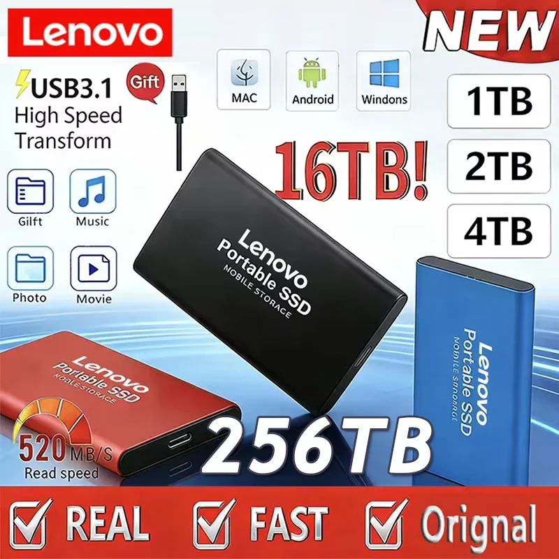 

Lenovo New Portable 2TB SSD 4TB 16TB External Hard Drive Type-C USB 3.0 High Speed 8TB External Storage Hard Disks For Laptops