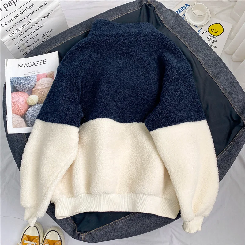 Zipper Half High Collar Plush Thickened Lamb Fleece Sweatshirts Women Autumn and Winter Warm Coat Preppy Style Woman Clothing