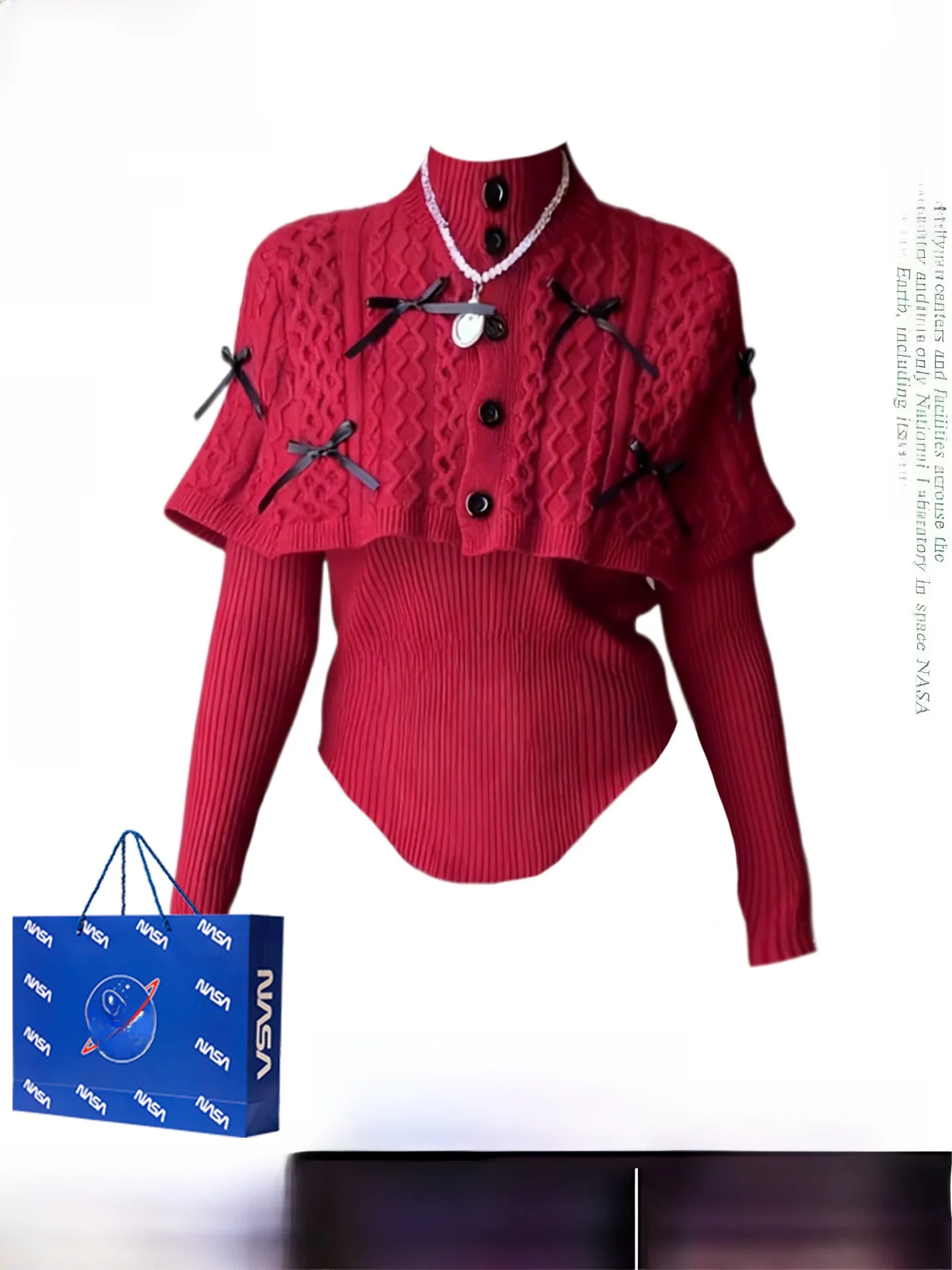 

Red New Year Women's Knitted Sweater with Bow Crossbody awl Cowl Ne Long Sve Casual Sle Polyester Fiber Cisas