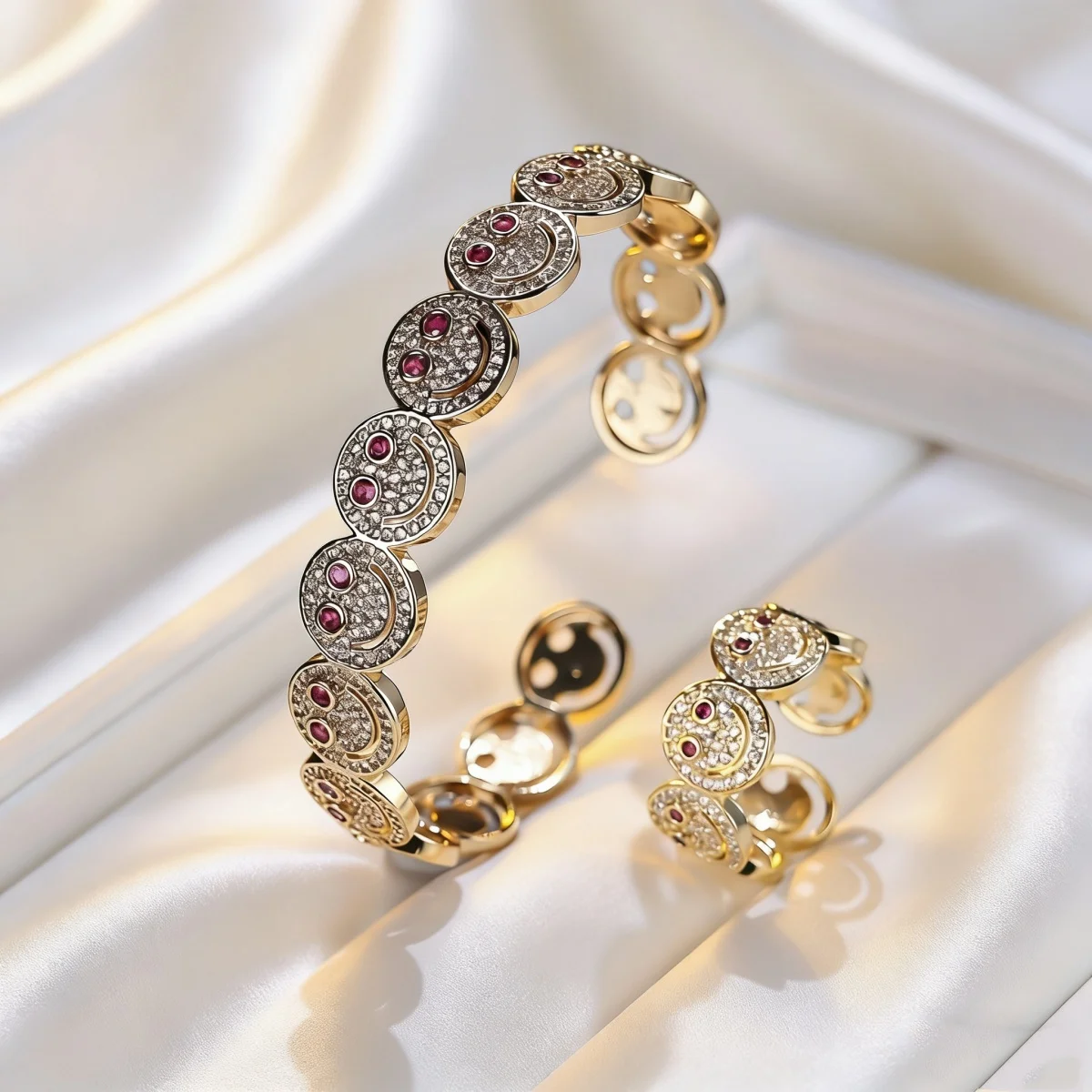 Trendy Gold /Silver Color Smiley Face Jewelry Set Paved CZ Open Cuff Bangle & Ring For Women Daily & Party Wear All Season