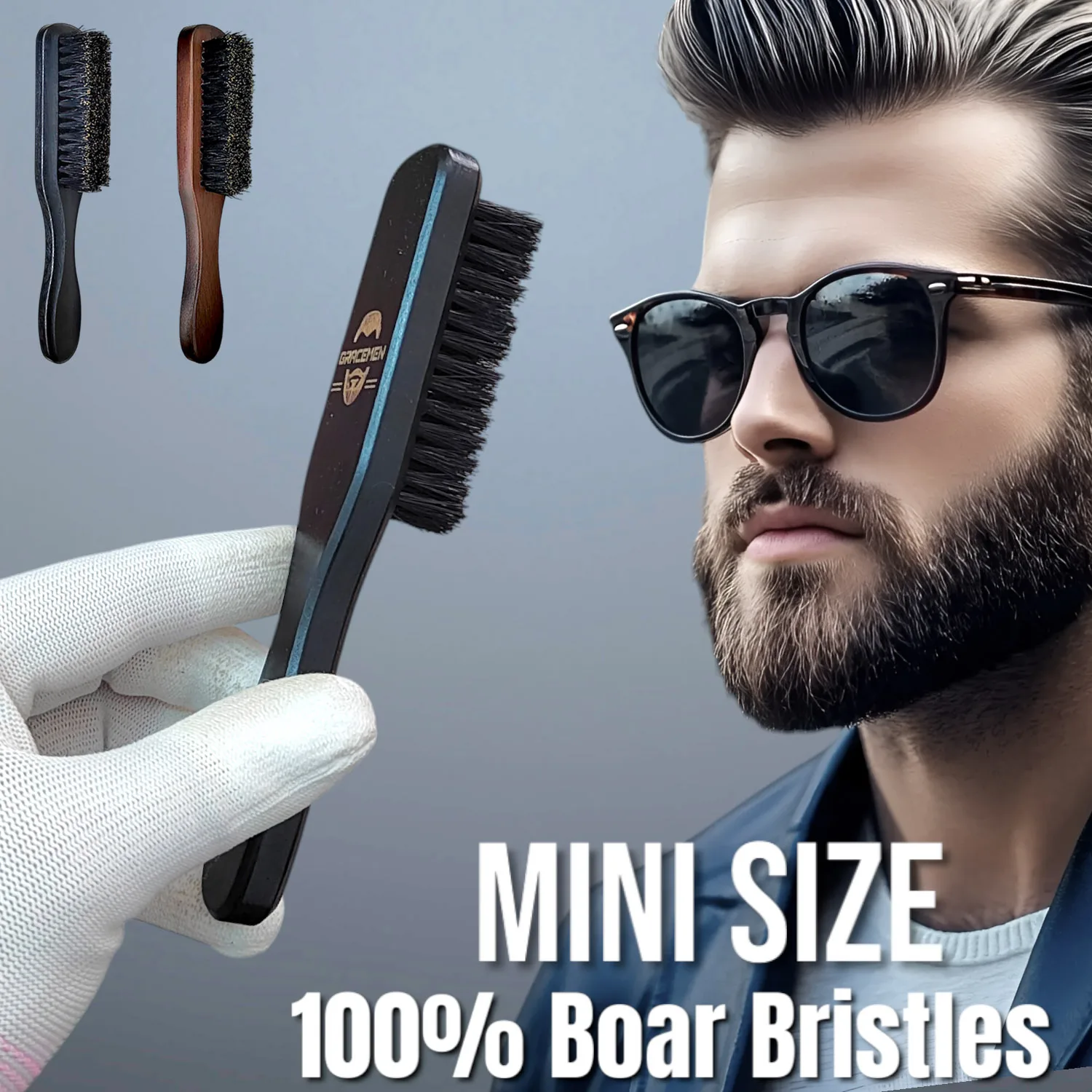 Gracemen Mini Beard Brush Black Color Wood Handle Boar Bristle Beard Hair Shaving Brush Stylist Pocket Small Size