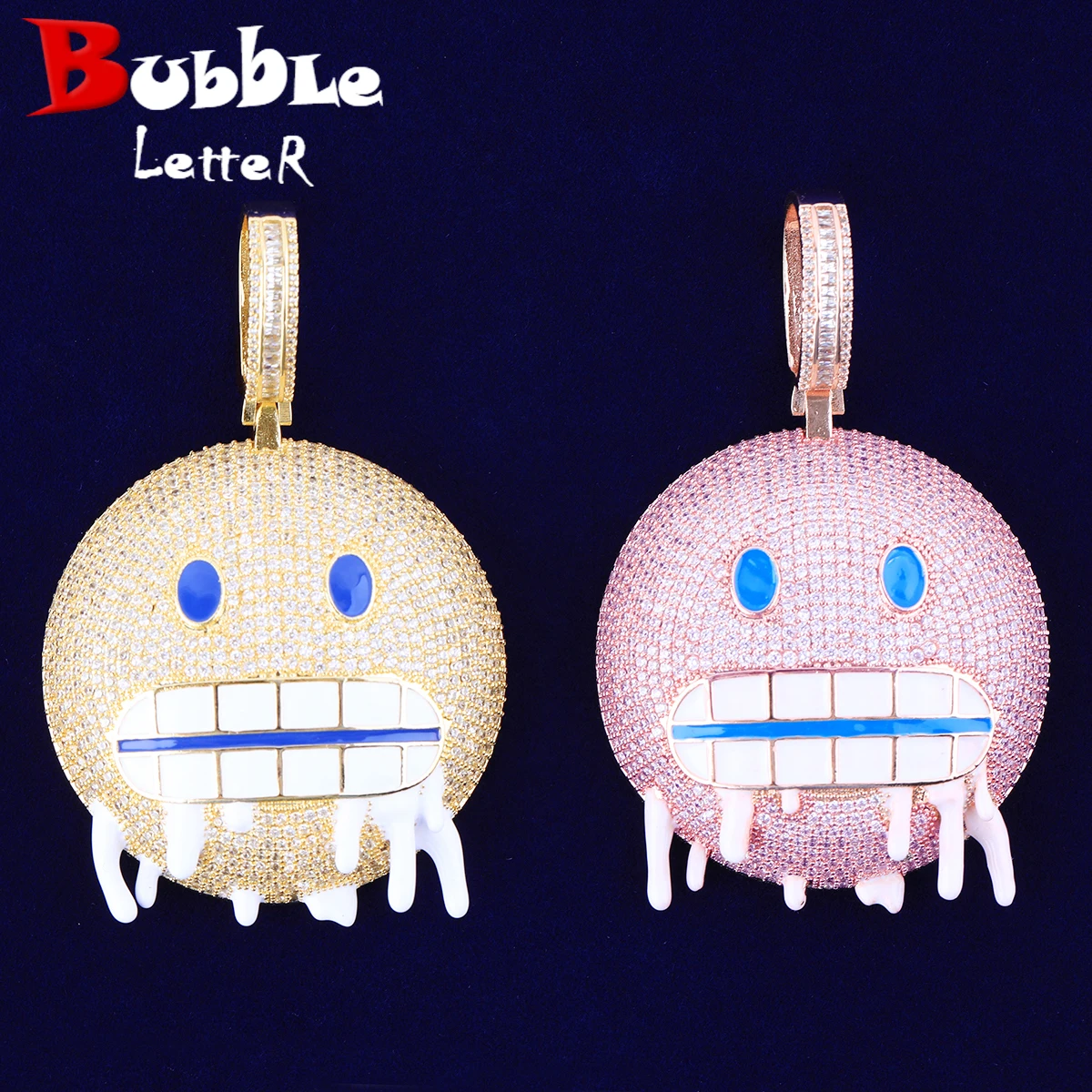 

Bubble Letter Iced Out Necklace Pendant for Men Micro Pave Blue Eye Drippy Mouth Hip Hop Jewelry
